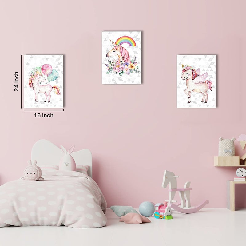 YOOOAHU Unicorn Wall Art Unicorn Bedroom Decor for Girls Colorful Rainbow Balloon Posters Nursery Room Painting Girly Pink Floral Canvas Pictures Artwork Kids Toddler Bathroom Home Decorations 12x16" 3 Pieces - Image 3